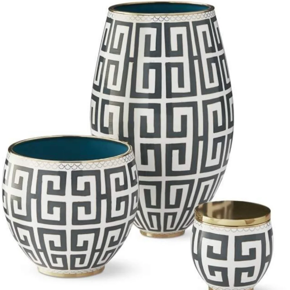 Greek Key Cloisonne Vase, Charcoal, Retail  Price $295.00US, Size Medium